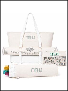 4-in-1 Mahjong Tote Bag Set with Tile Pouch & Rack Protector, Canvas Linen